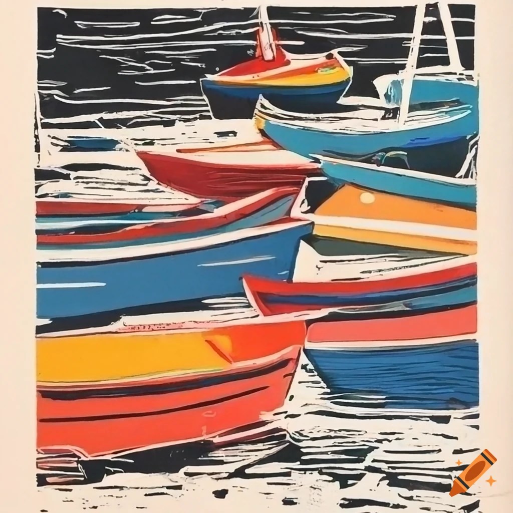 Lino print of colorful boats in a marina on Craiyon