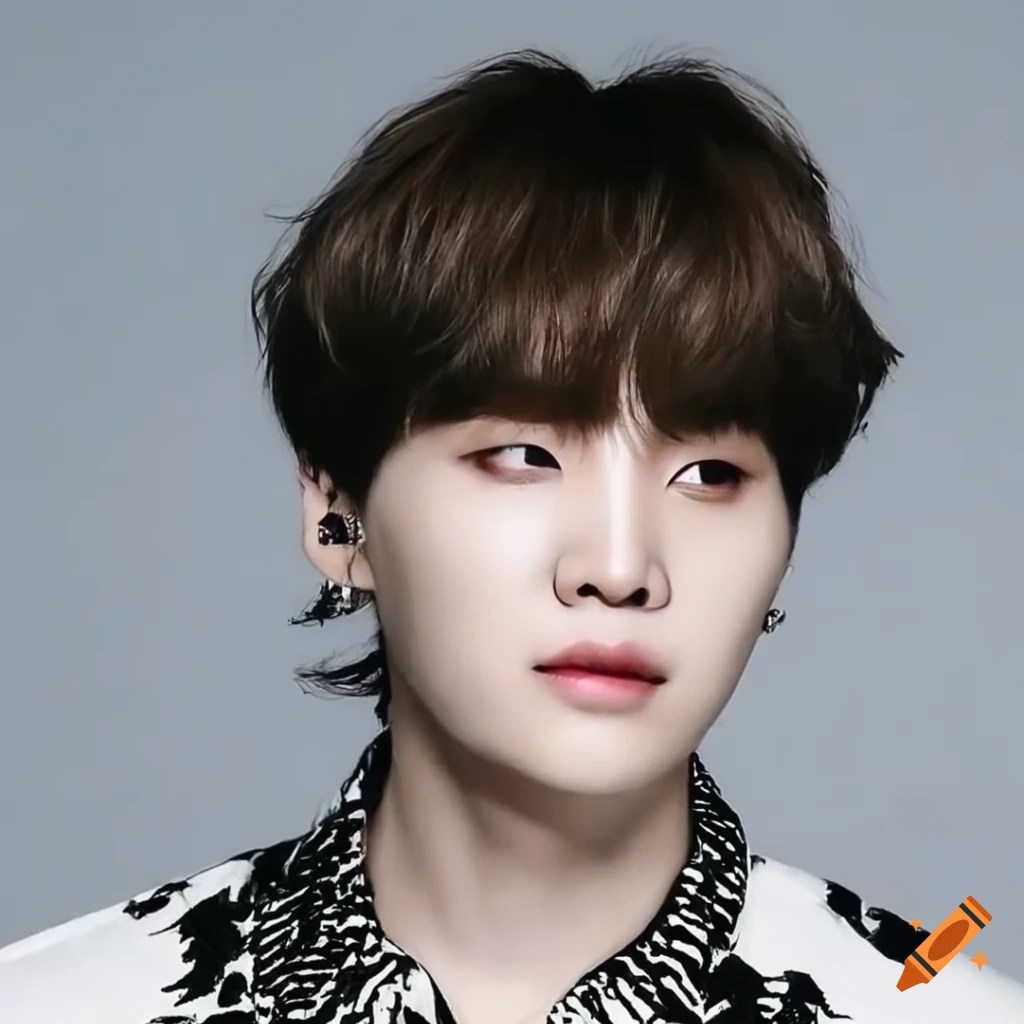 Portrait of min yoongi with blond mullet hair and black outfit on white