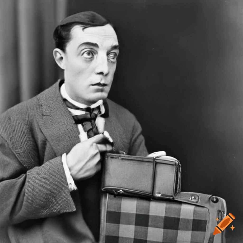 Vintage photo of buster keaton with a plaid suitcase on Craiyon