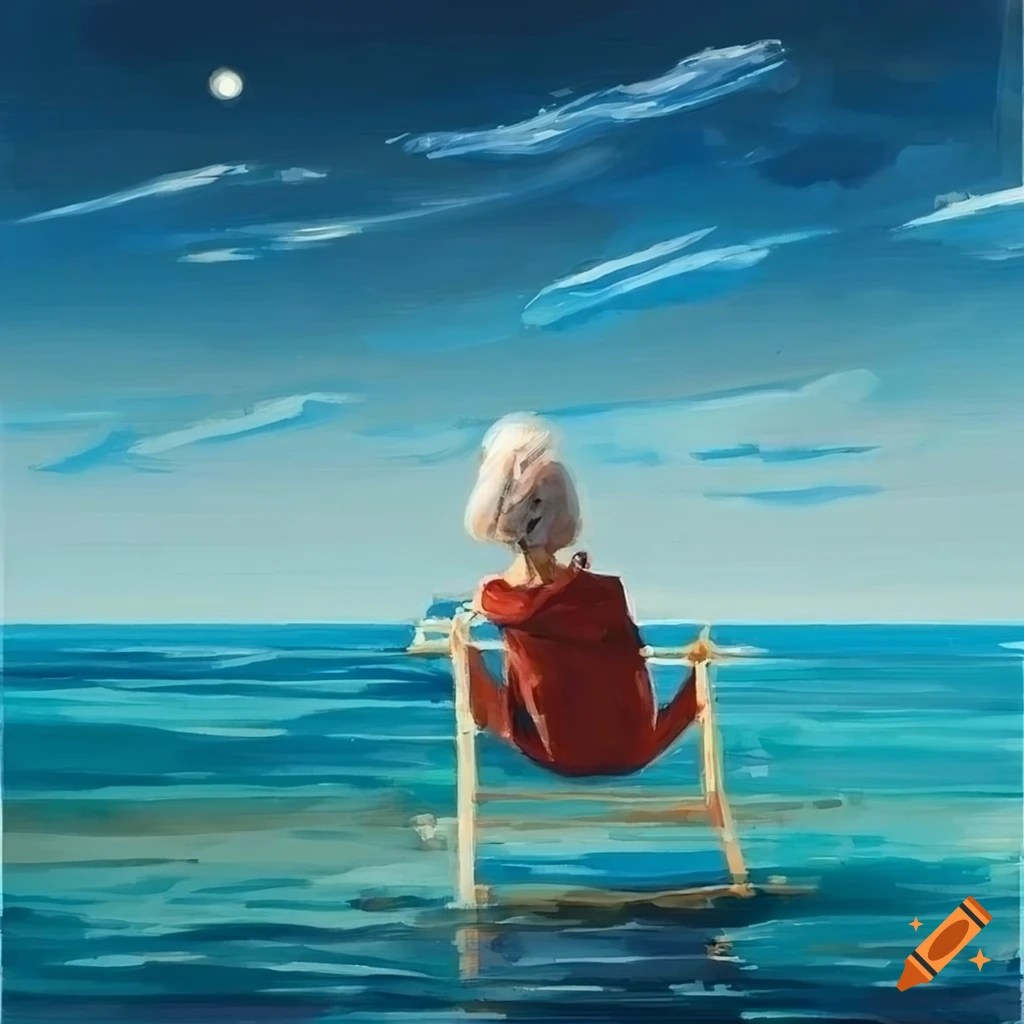 Artistic portrayal of an old woman enjoying the ocean view with a cup