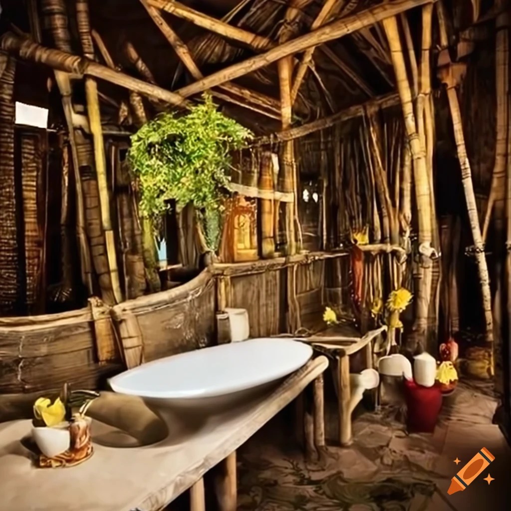 Bathroom with bamboo design and beautiful flowers