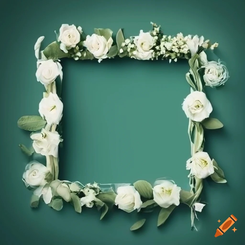 Sage green wedding photo template with white florals on Craiyon