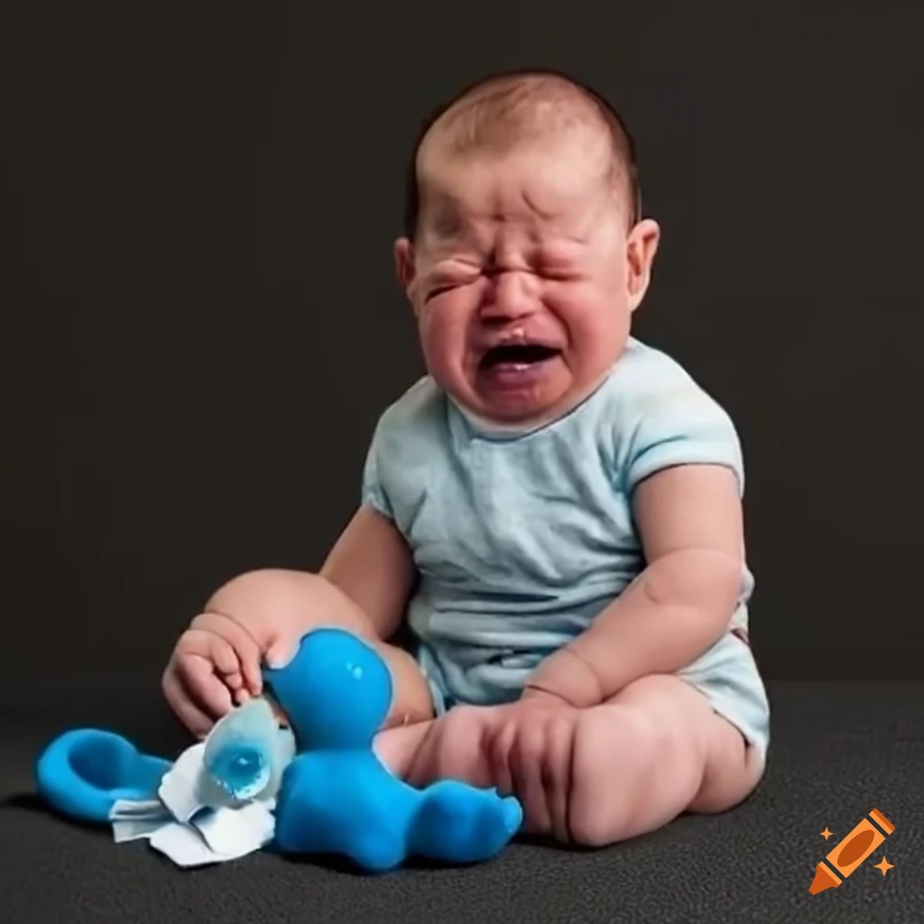 Satirical image of a crying baby holding a broken toy on Craiyon