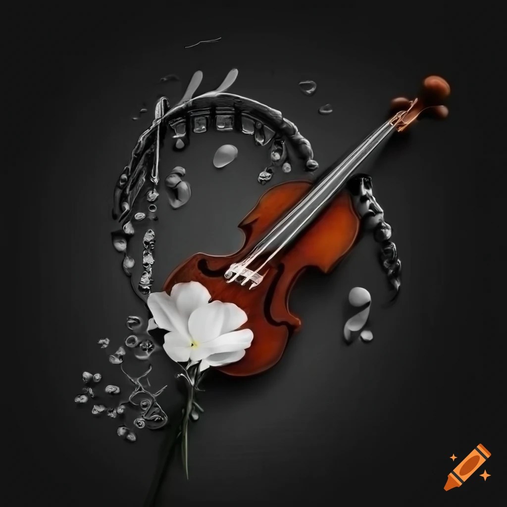 Black and white photo of a violin key with a flower on sheet music on