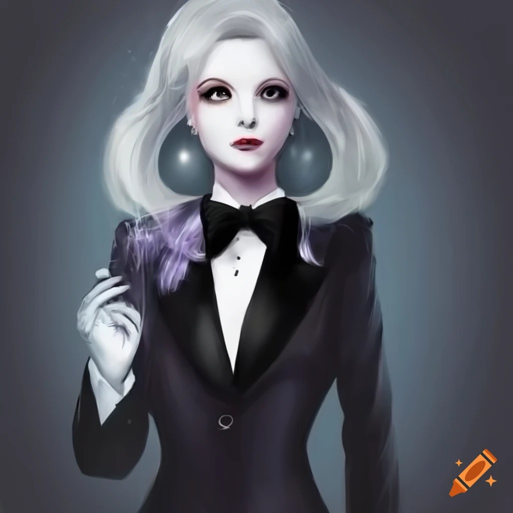 Girl wearing a white mask and tuxedo on Craiyon