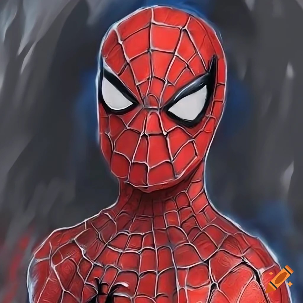 Closeup of spiderman's face in a fiery background