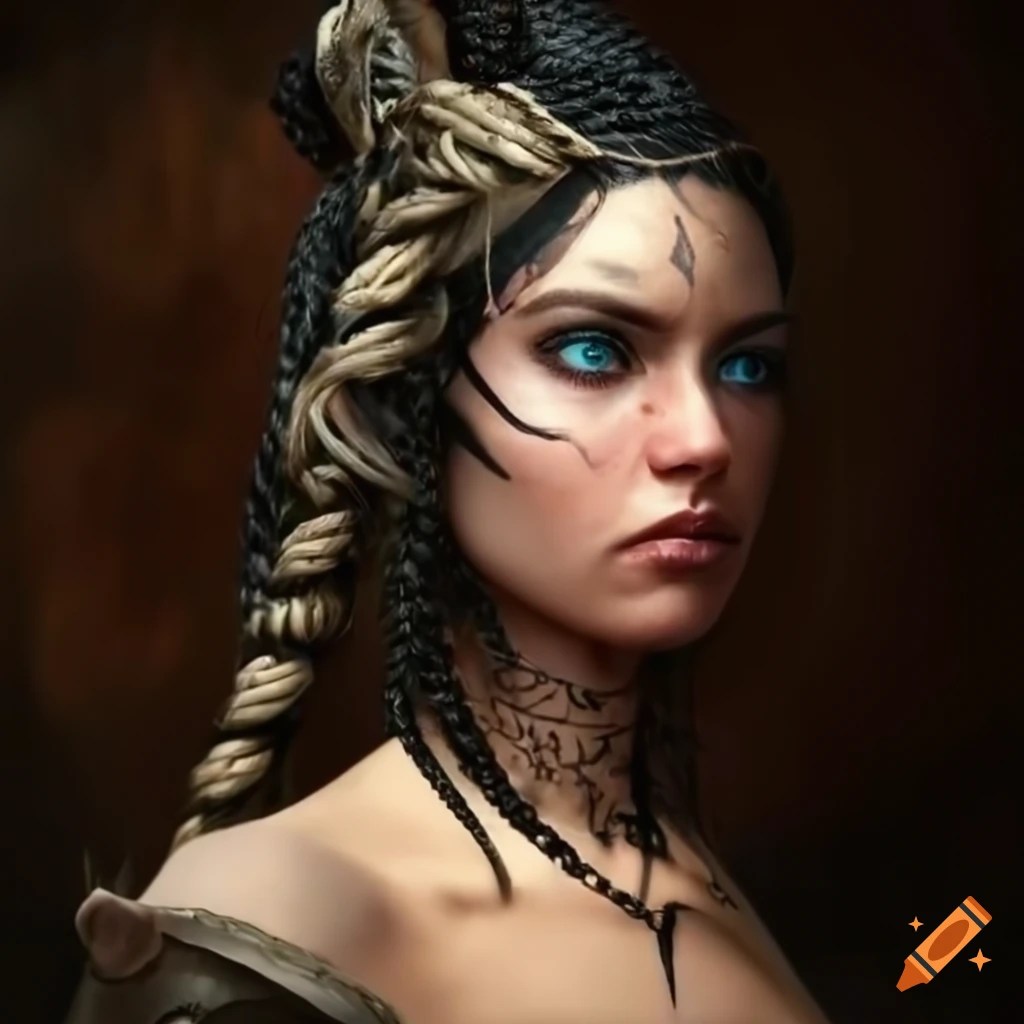 Portrait of a fierce female adventurer with war paint and braided hair