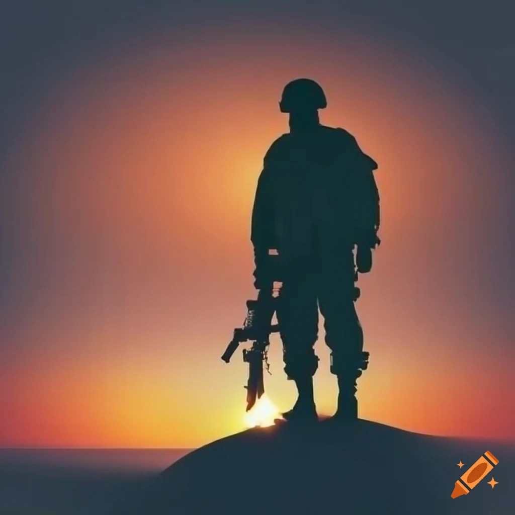 Silhouette of a soldier at sunset on Craiyon