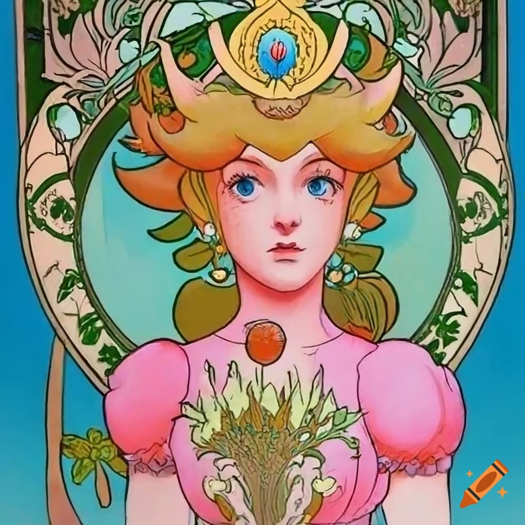 Illustration of princess peach in a pink dress and crown on Craiyon