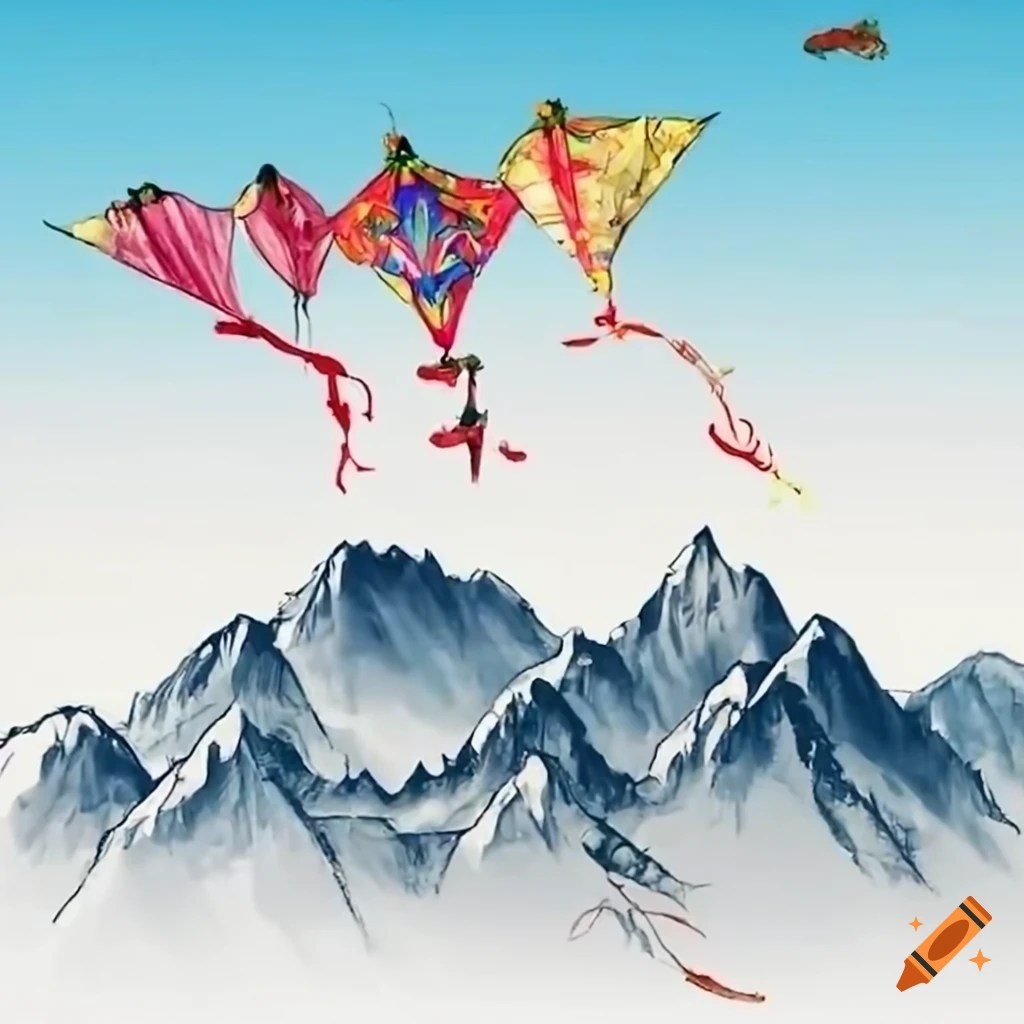 Traditional chinese kites flying over mountains on Craiyon