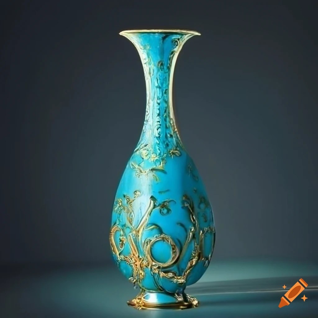 Turquoise vase with gold ornaments and a pomegranate on Craiyon