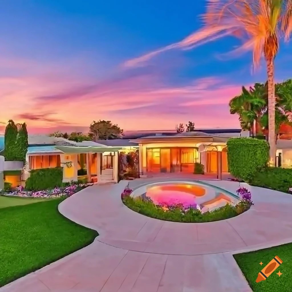 Breathtaking sunset view of a california mansion surrounded by palm