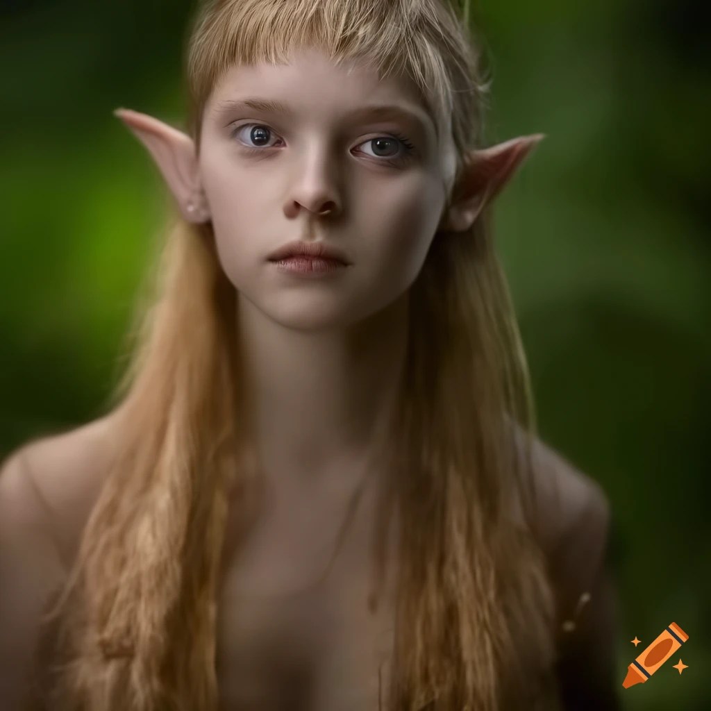 Portrait of a young female wood elf with honey colored hair and emerald