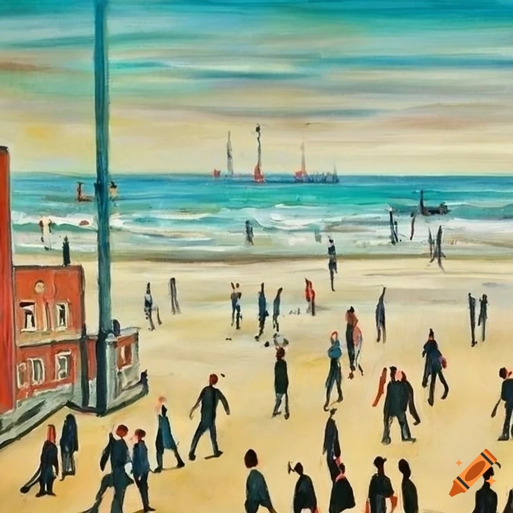 Lowrystyle painting of a beach in los angeles