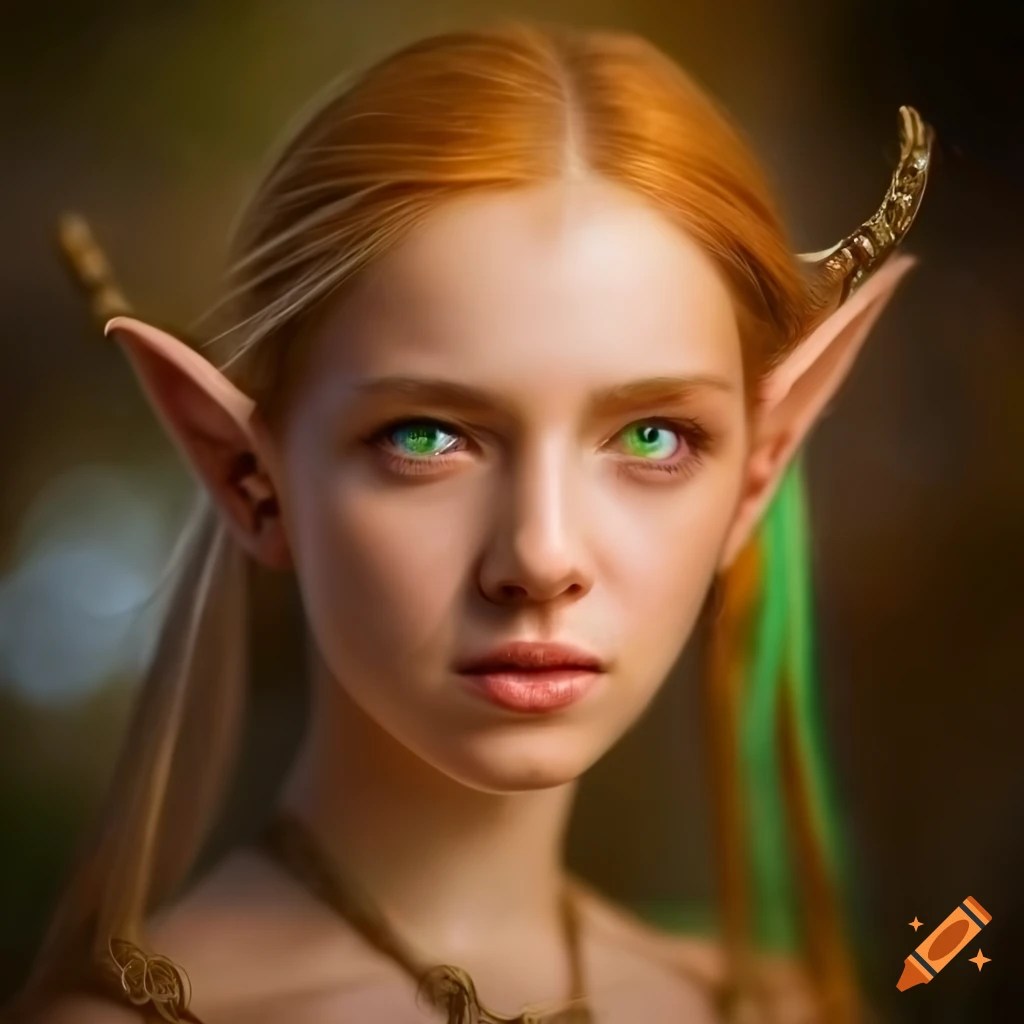 Portrait of a young wood elf with honey colored hair and emerald eyes