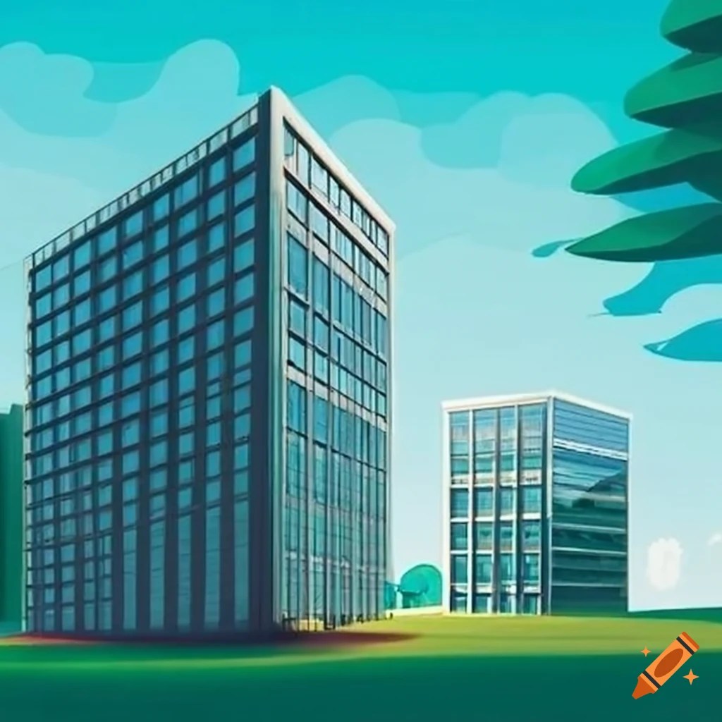 Office building surrounded by trees and a parking lot on Craiyon