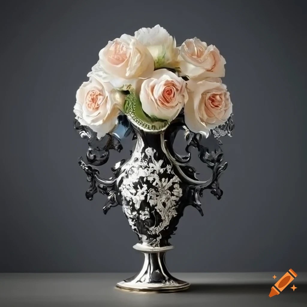 Rococo silver vase with white roses on Craiyon