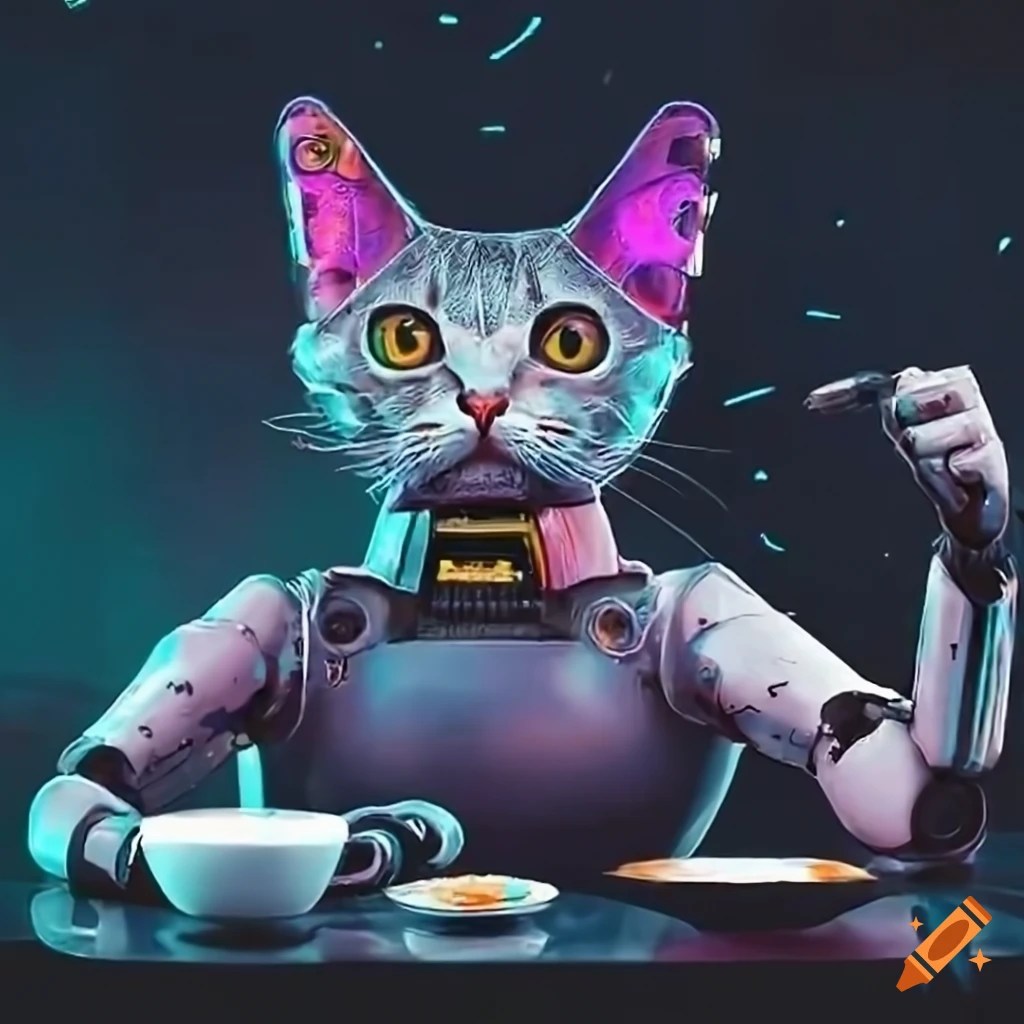 Cyberpunk artwork of robot cats cooking breakfast on Craiyon