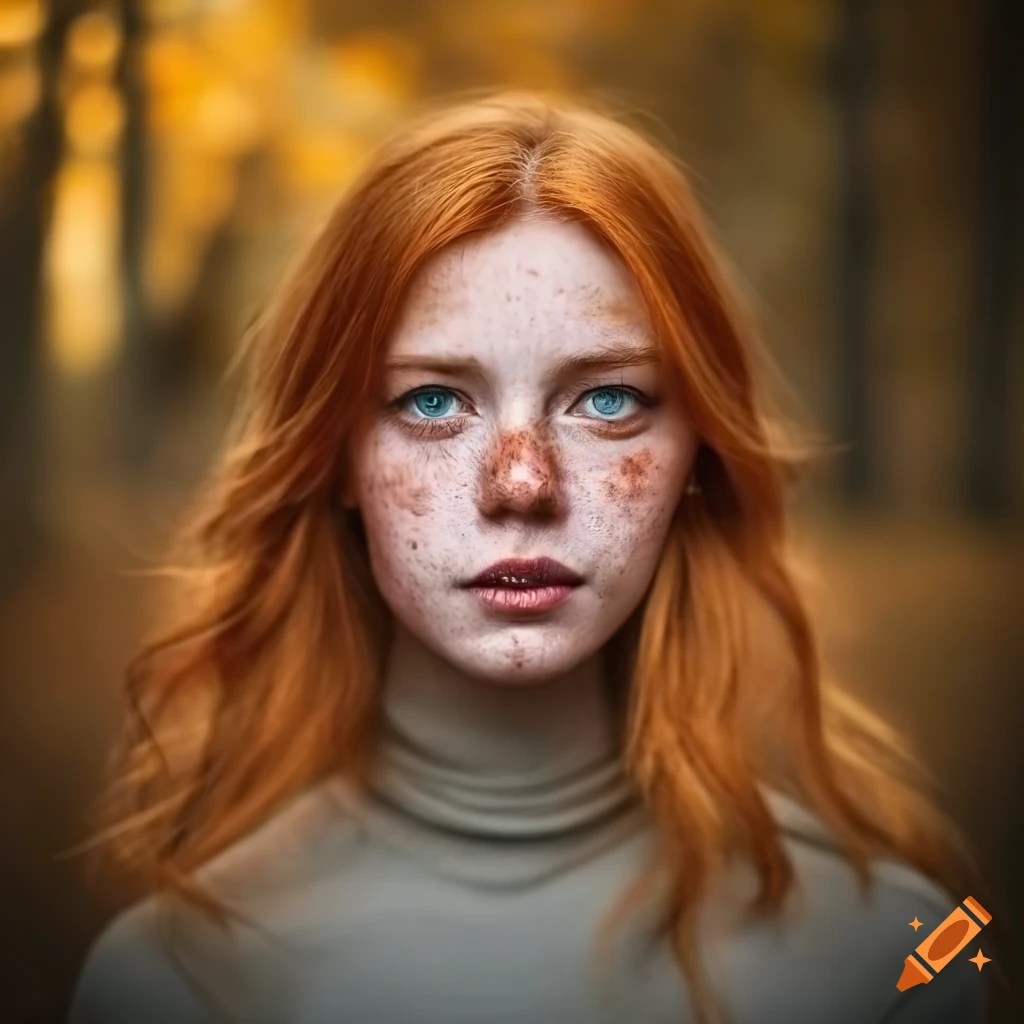 Closeup portrait of a woman with ginger hair and green eyes on Craiyon