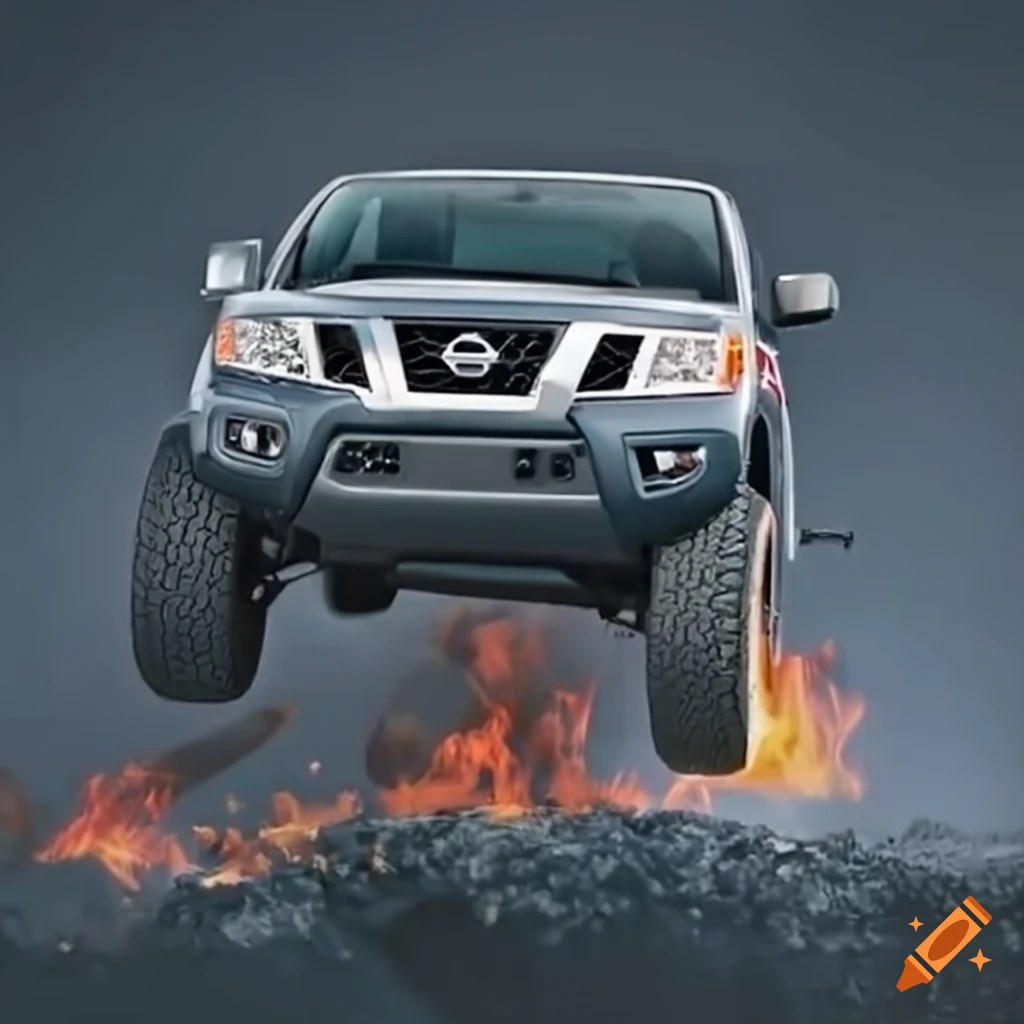 Nissan frontier truck jumping through fire on Craiyon