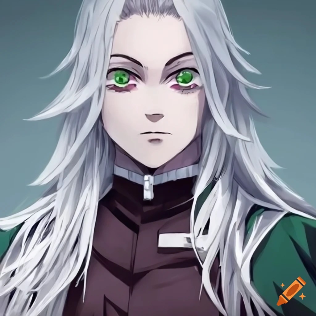 Demon slayer character with long white hair and light green eyes on Craiyon
