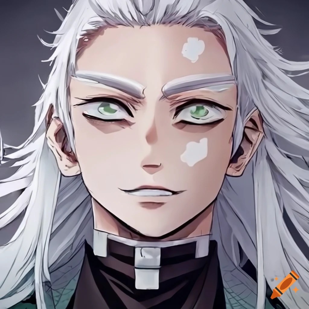Demon slayer character with long white hair and light green eyes on Craiyon