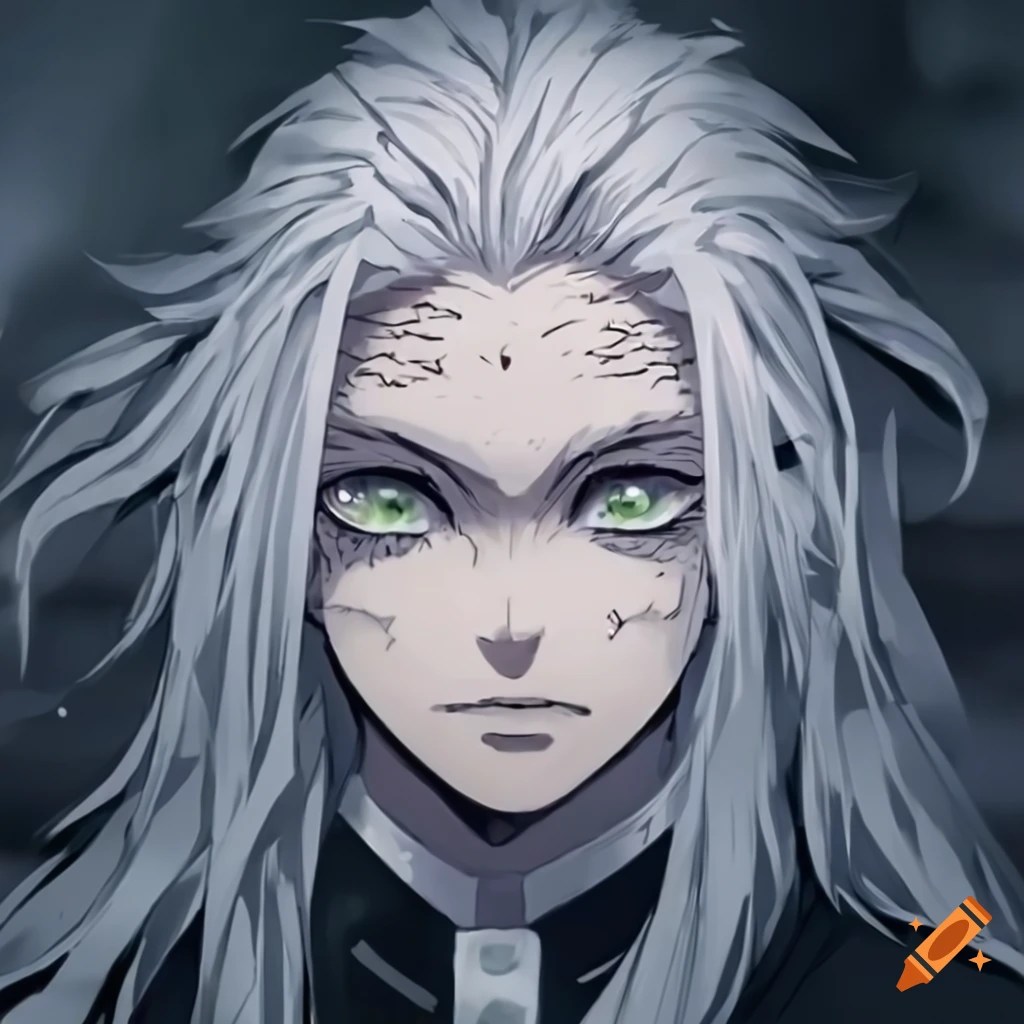 Demon slayer character with long white hair and light green eyes on Craiyon