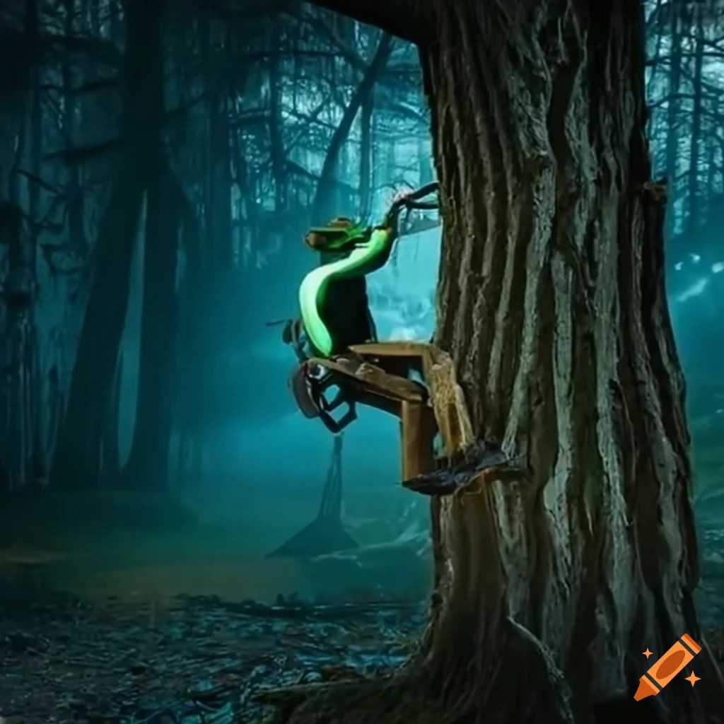 Arborist climbing a tree with chainsaw