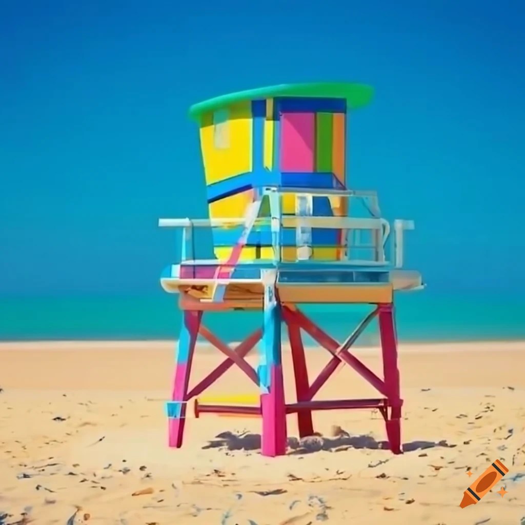 Colorful lifeguard tower on the beach on Craiyon