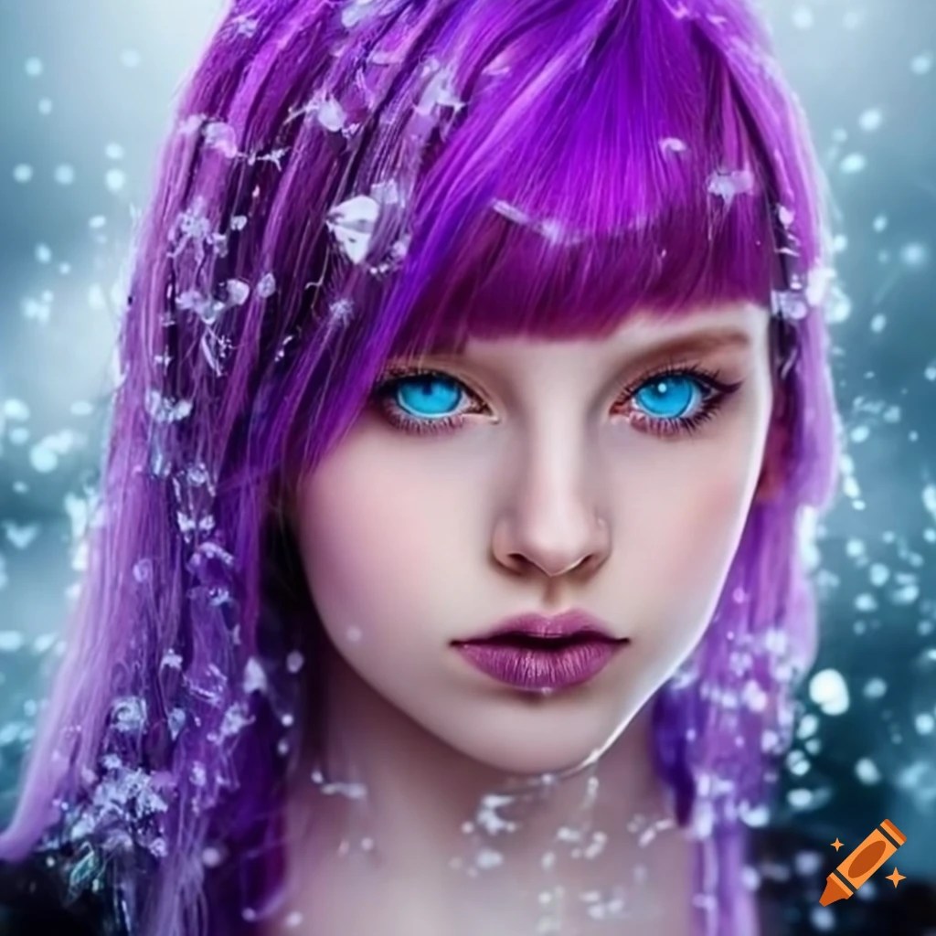 Portrait of a girl with purple hair and ice blue eyes on Craiyon