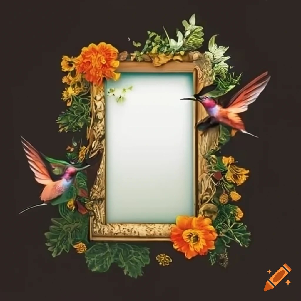 Artistic picture frame with cempasuchil flowers and hummingbirds on Craiyon