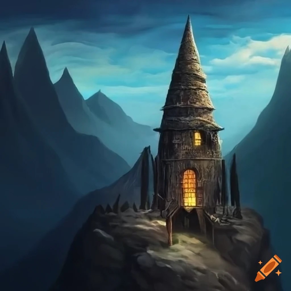 Mystical painting of a wizards tower in the mountains