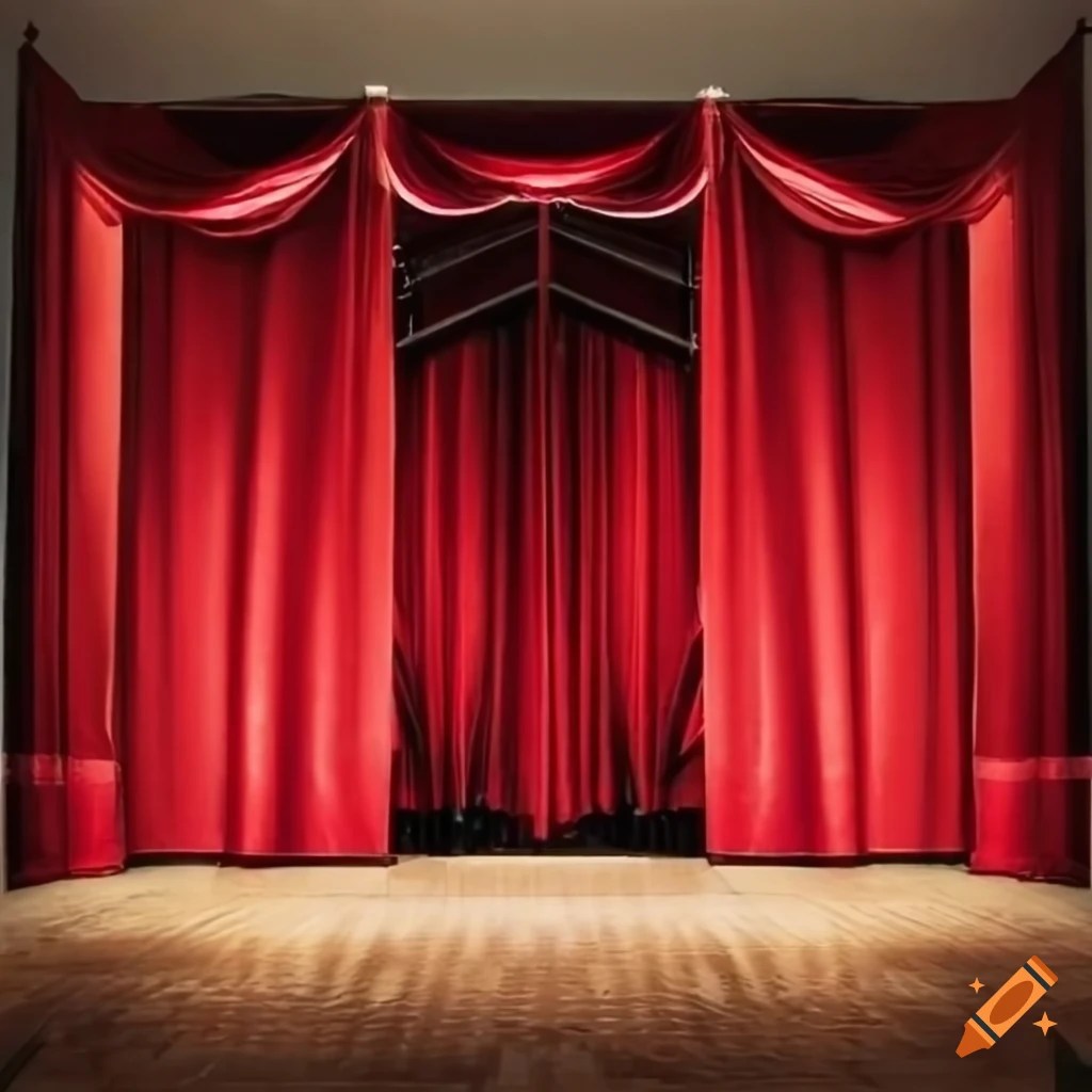 Interior of a large hall with red curtains on Craiyon