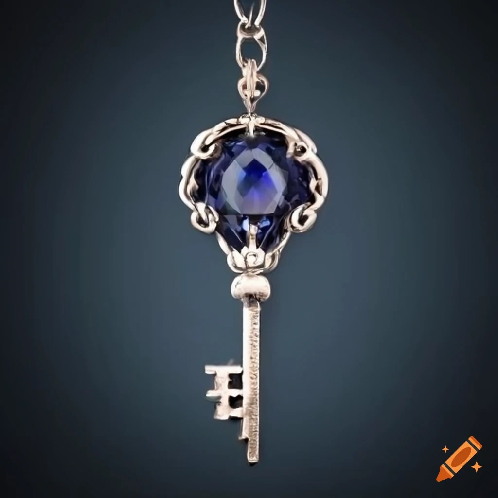 Silver keyshaped amulet with a sapphire on a chain