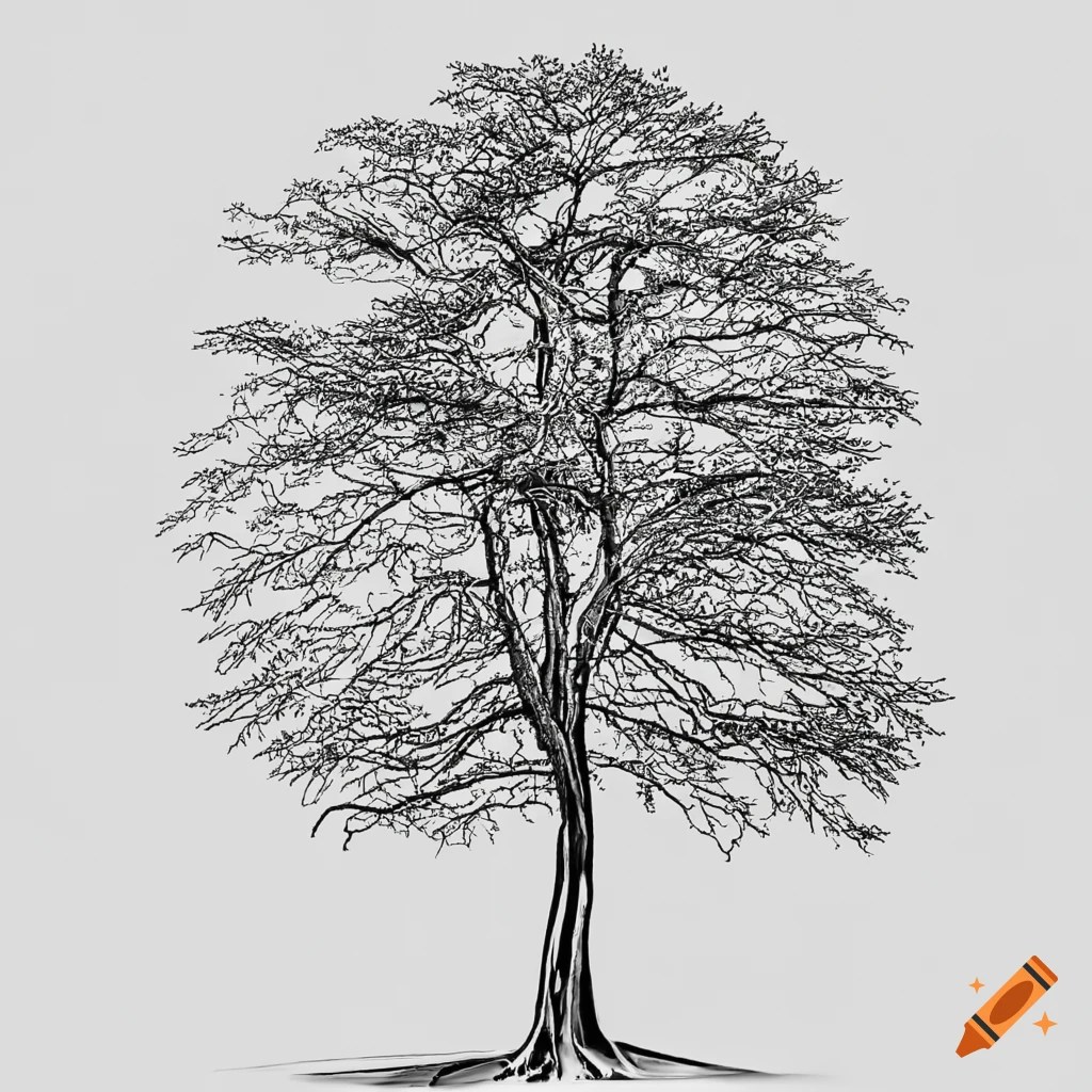Black and white photo of a vertical ash tree on Craiyon