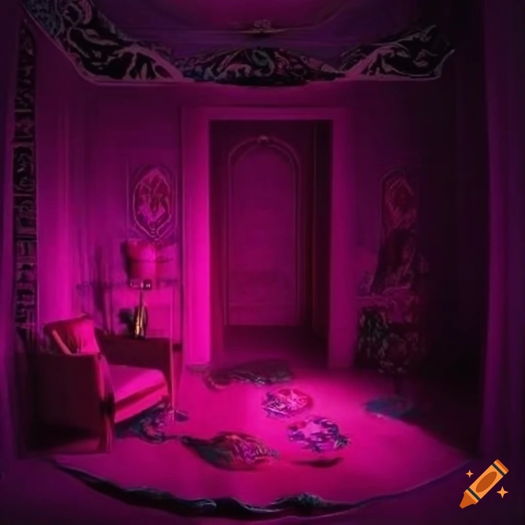 Bright and surrealistic pink room inspired by egyptian star cluster on