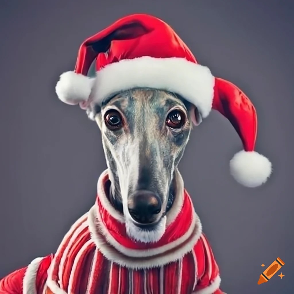 Cute greyhound dog dressed as santa claus on Craiyon