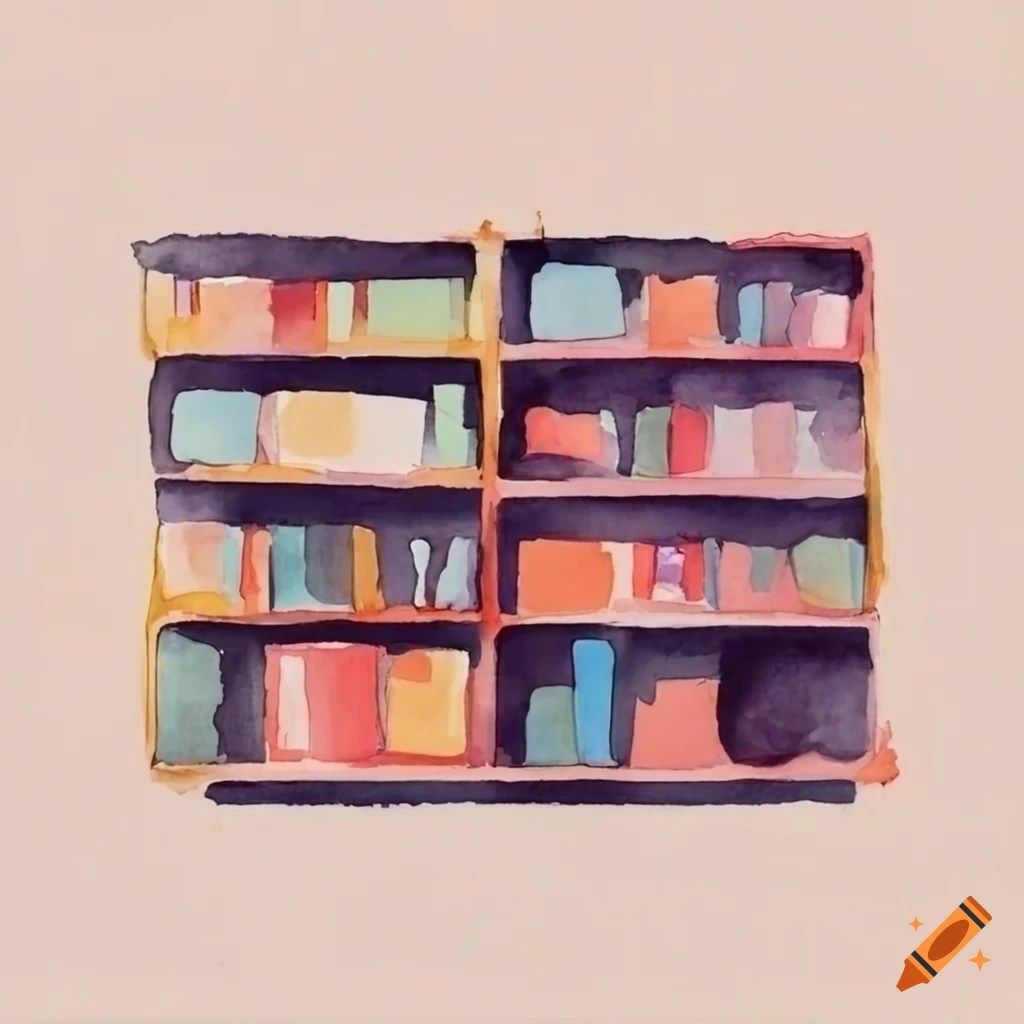 Minimal watercolor of a messy bookshelf
