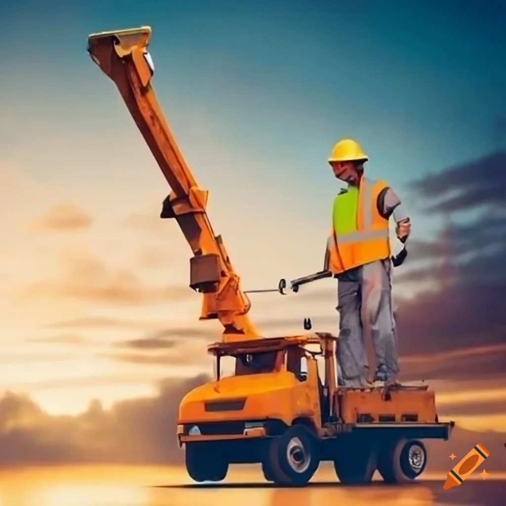 Skilled worker operating a bucket truck at a construction site on Craiyon