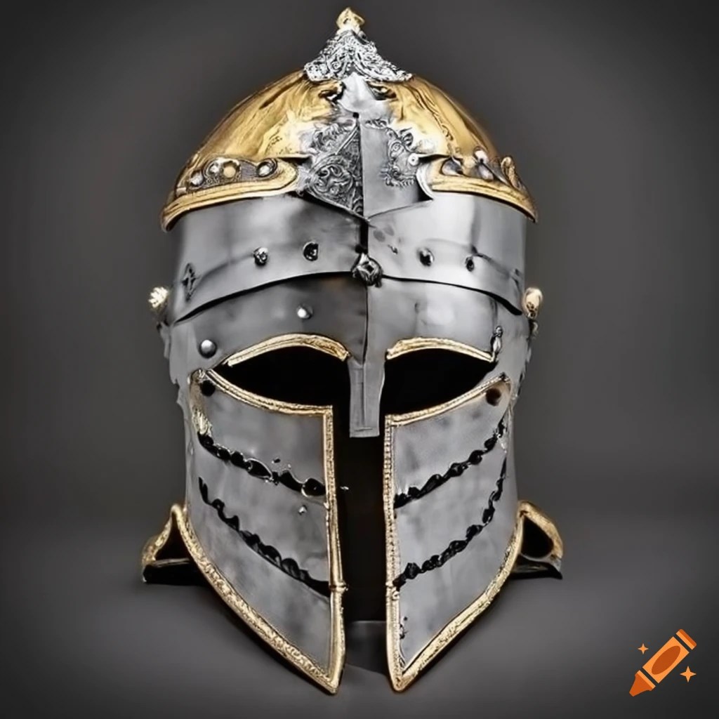 Ornate black knight helmet with intricate gilded pattern on Craiyon