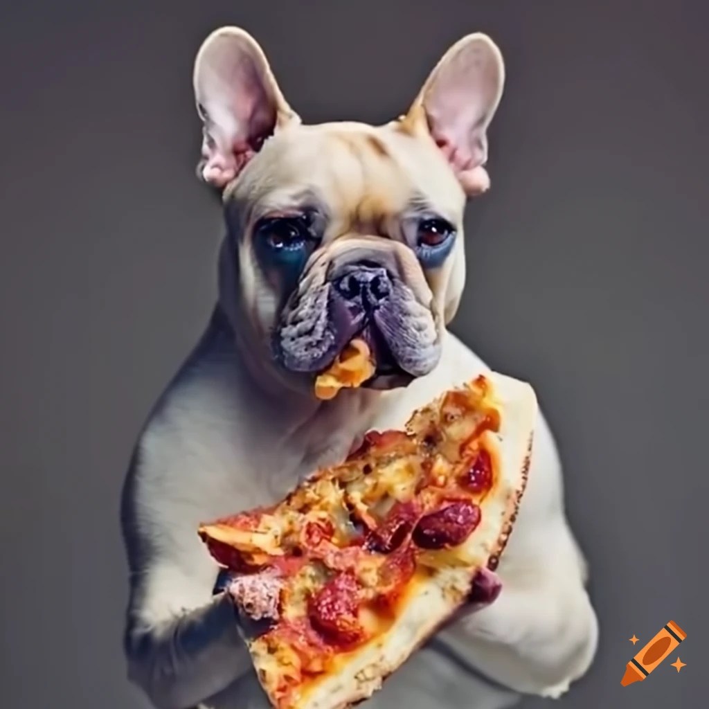 Frenchie dog eating cheesecovered pizza on Craiyon