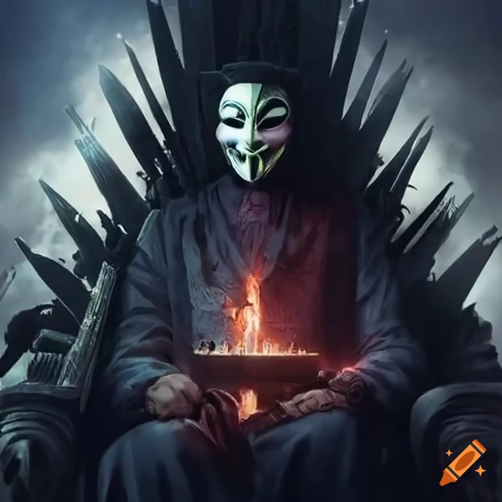 Scifi battle with a figure wearing a guy fawkes mask on Craiyon