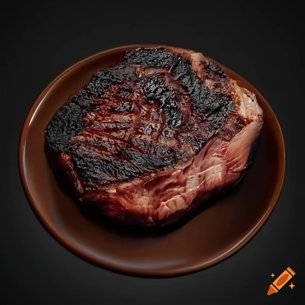Photorealistic image of a burnt steak on a plate