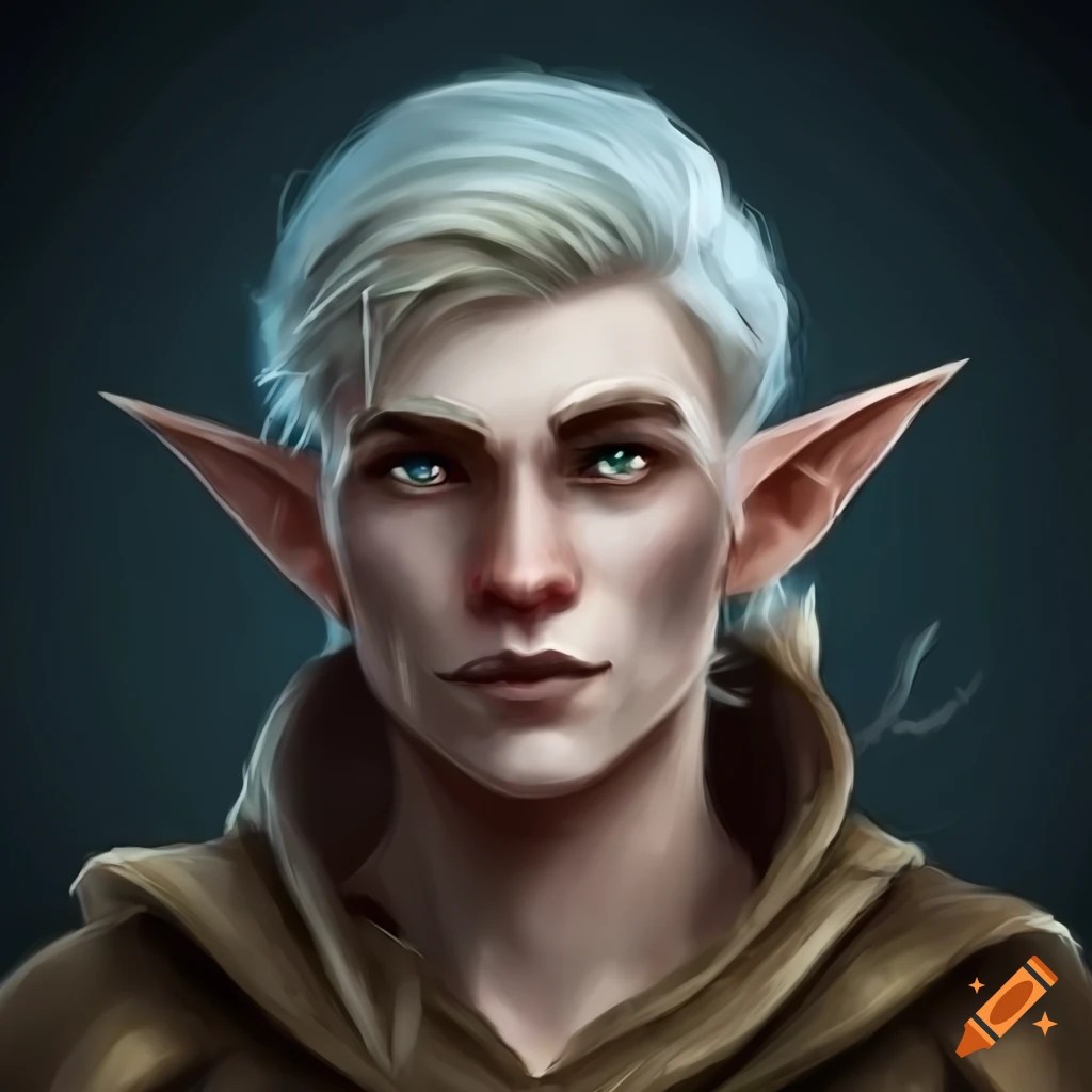 Image of a male elf with pale skin and grey eyes on Craiyon