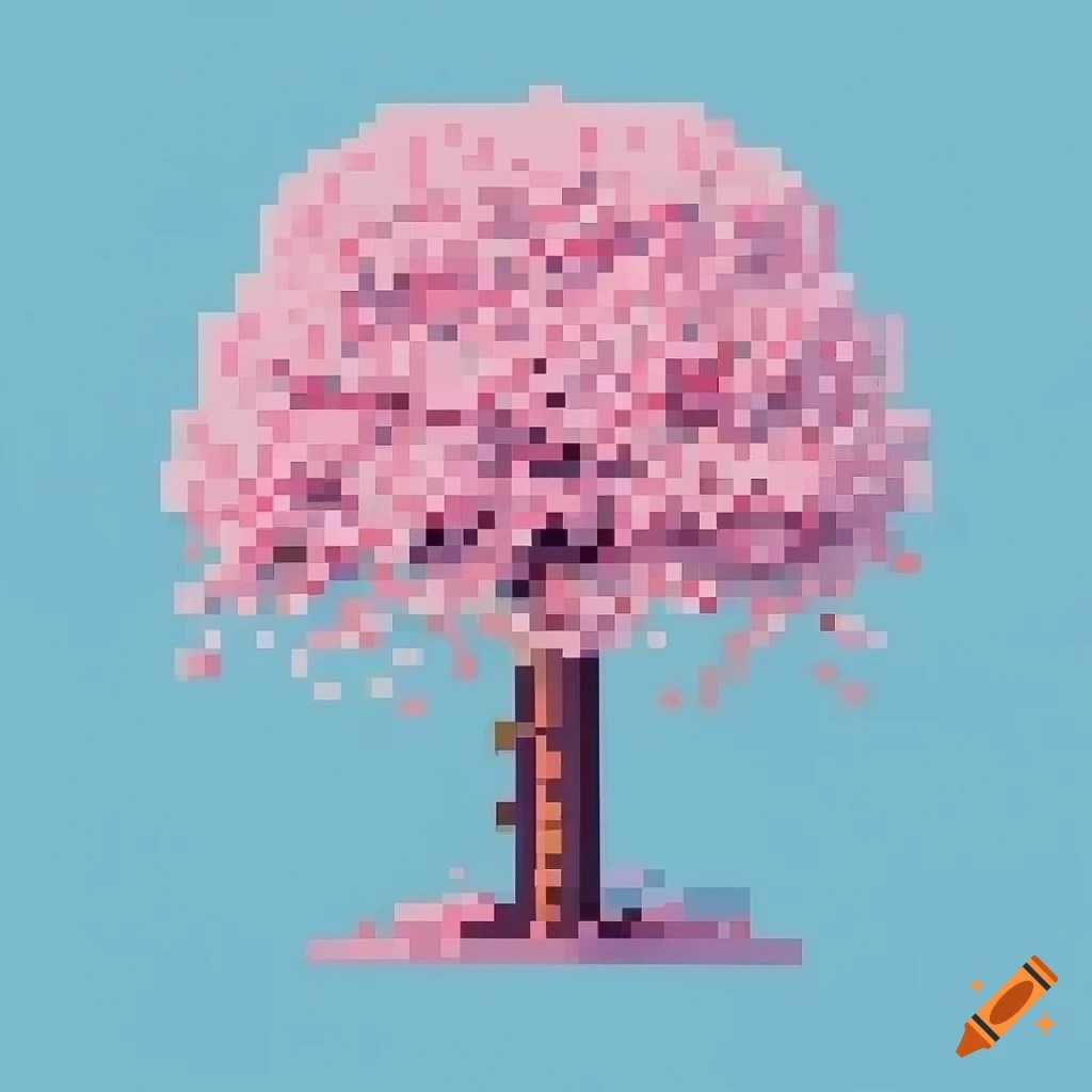 Pixel art of a melancholic cherry blossom scene on Craiyon