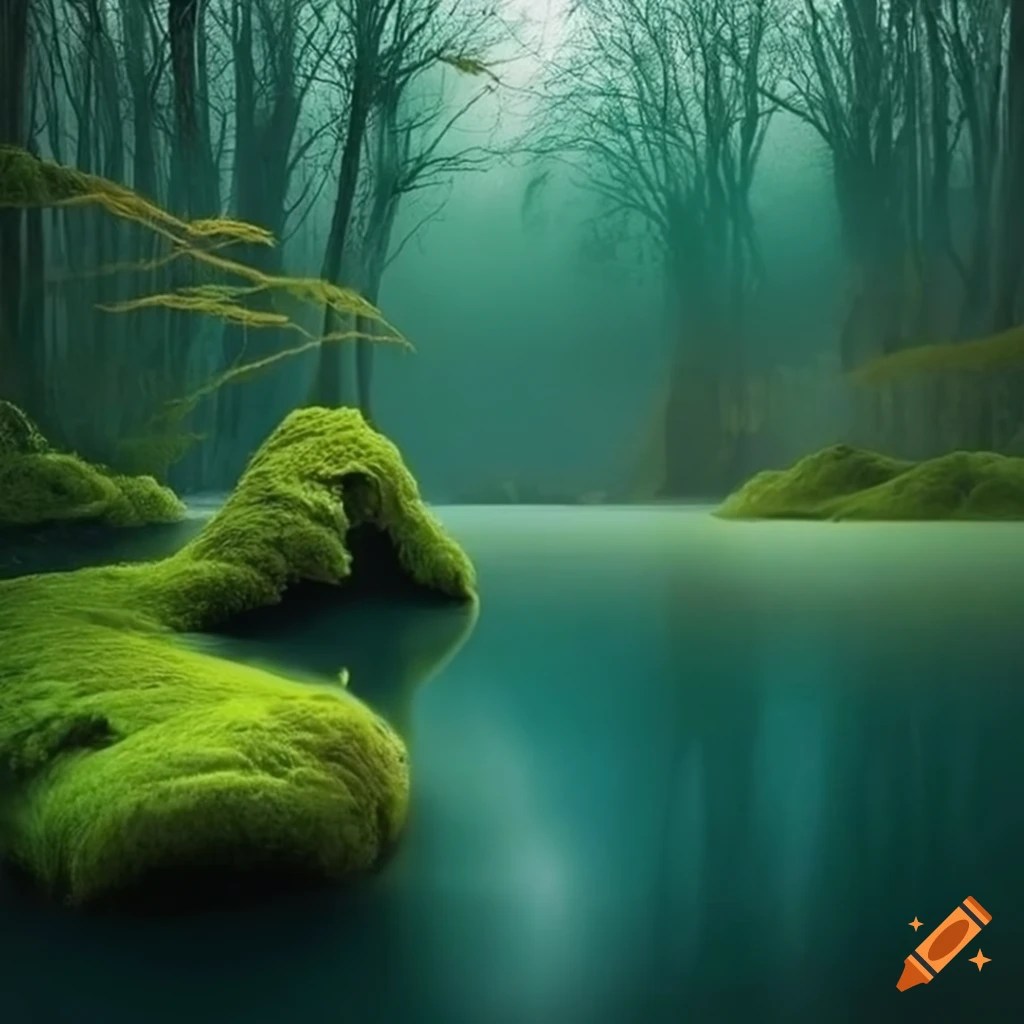 Hyperrealistic painting of a mosscovered lake on Craiyon