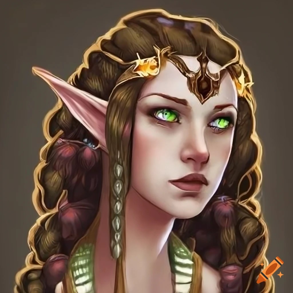 Halfling royal advisor, black hair, red and gold motif, fantasy style