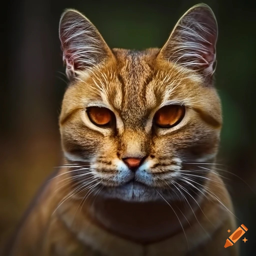 Golden brown cat with amber eyes in a forest on Craiyon