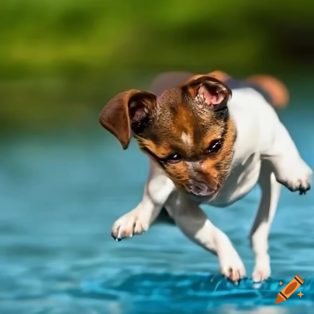 Jack russell dog leaping over water on Craiyon