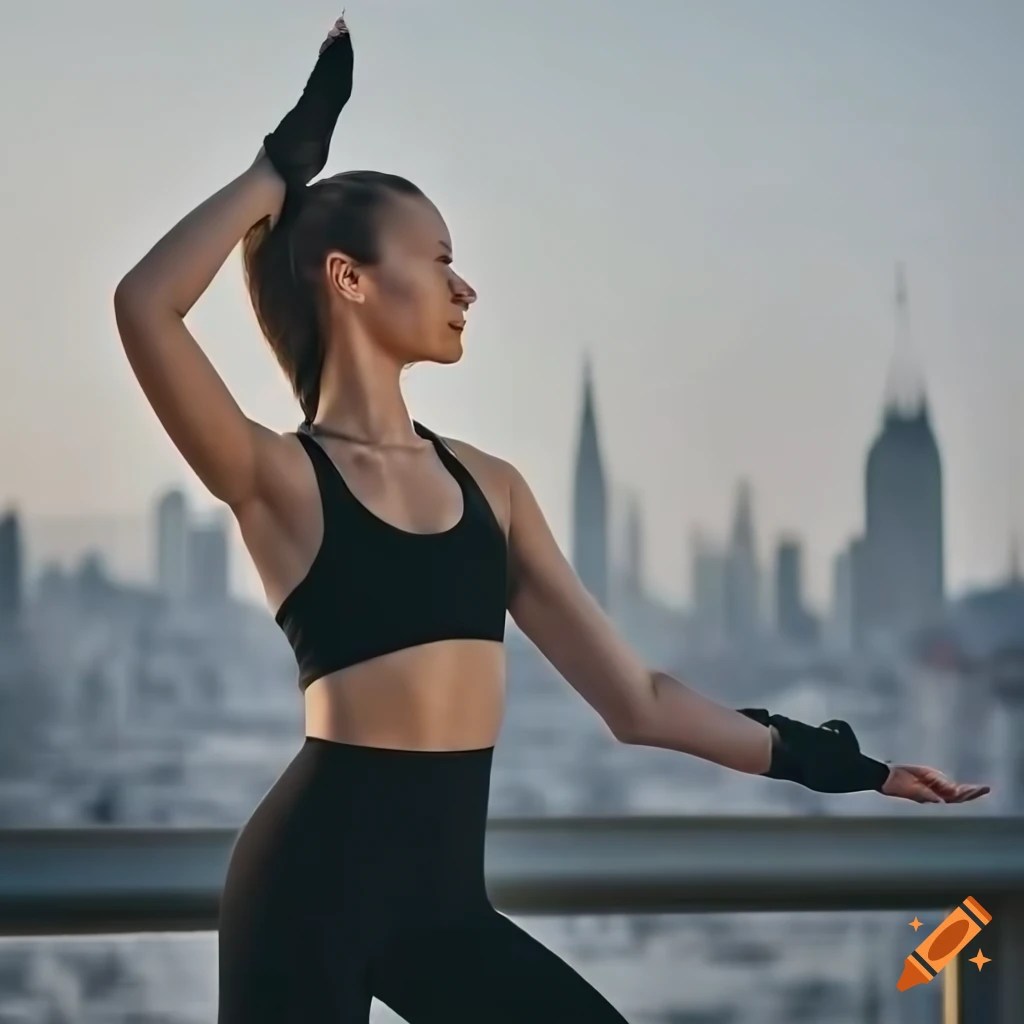 Girl practicing yoga with city skyline in the background on Craiyon